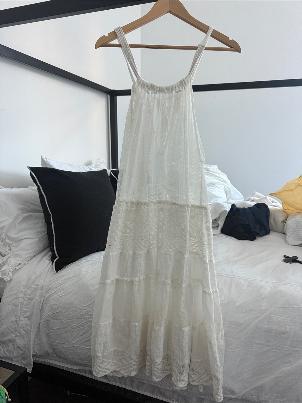 Free People Ivory Tiered Midi Dress with Spaghetti Straps